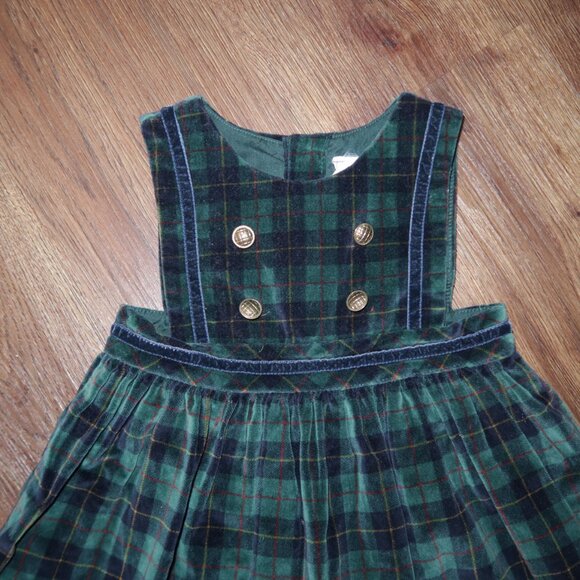 Vintage Girls Navy Blue Green Tartan Plaid Velvet Jumper Dress Gold Buttons 24m - Picture 3 of 5